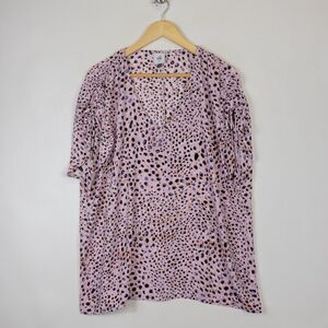 Cabi Black Pink Chiffon Leopard Print Short Ruched Sleeve Blouse Top Women Small